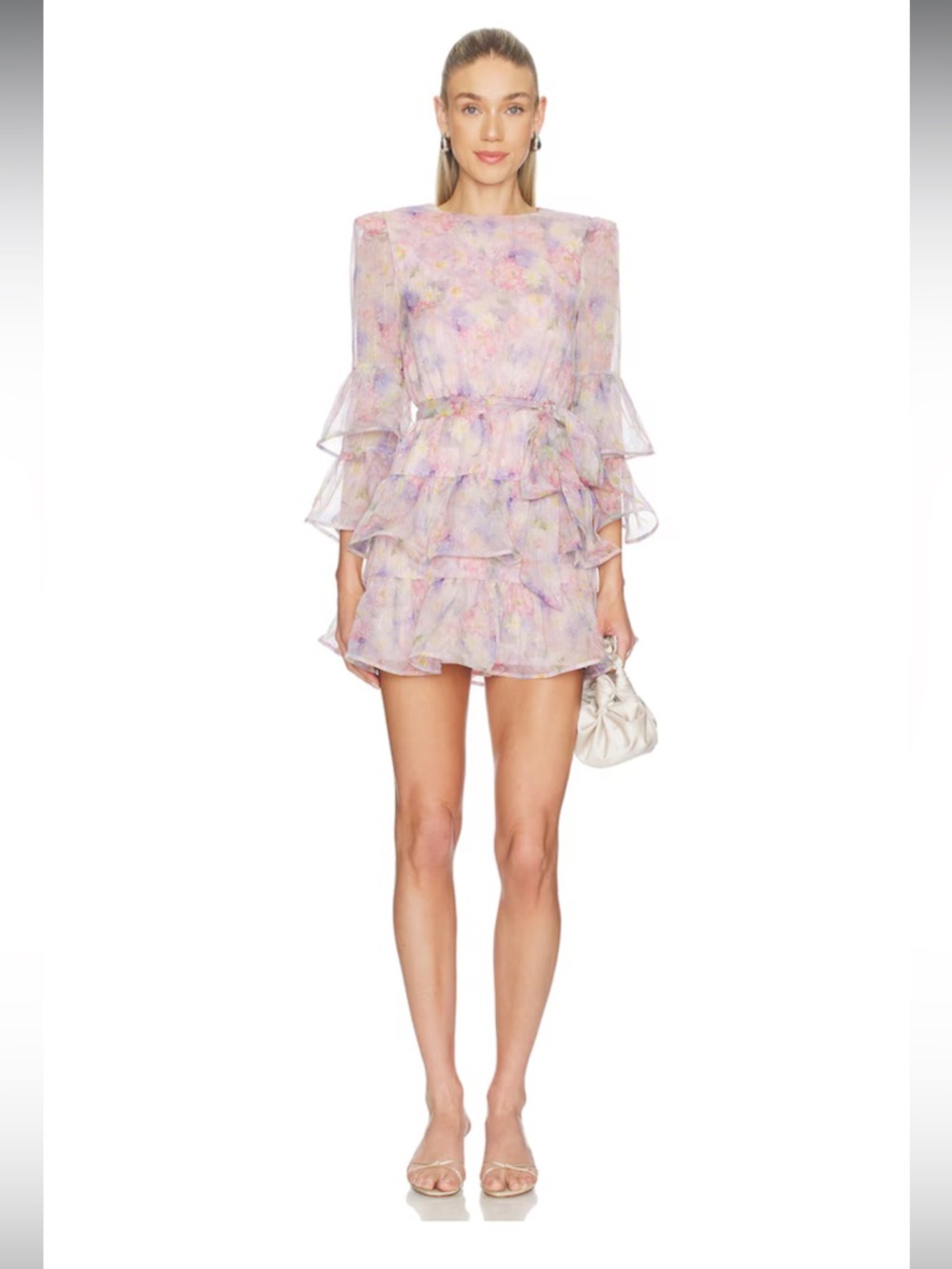 elliatt alindra pink floral print tiered ruffle chiffon mini dress size medium